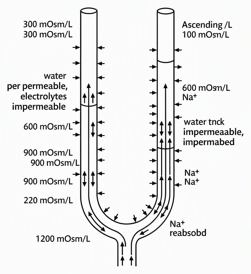Loop of Henle with descending limb on the left labelled "water permeable, electrolytes impermeable" showing outward water arrows and rising concentration from 300 to 1200 mOsm/L, ascending limb on the right labelled "water impermeable, Na+ reabsorbed" with inward Na+ arrows in