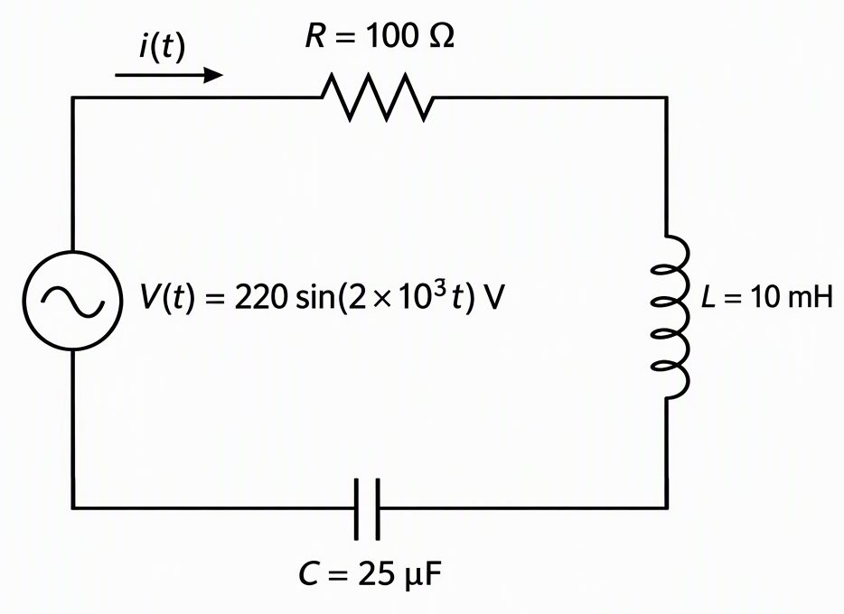 One closed series loop containing an AC voltage source labelled V(t) = 220 sin(2 × 10³ t) V, a resistor labelled R = 100 Ω, an inductor labelled L = 10 mH and a capacitor labelled C = 25 μF, with one reference-current arrow labelled i(t).