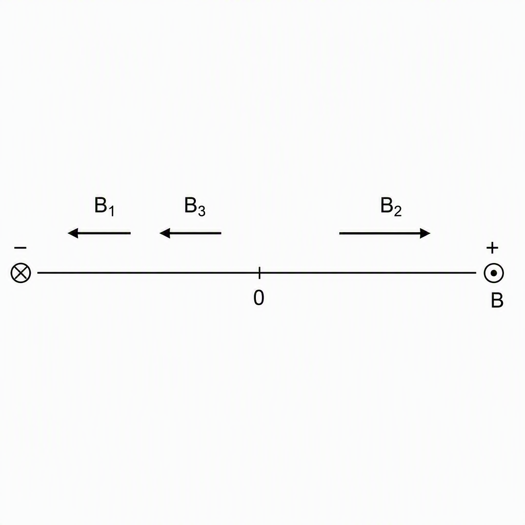 A horizontal signed B-axis with 0 at the centre, + and ⊙ on the right, − and ⊗ on the left, one rightward contribution arrow labelled B2 and two equal leftward contribution arrows labelled B1 and B3