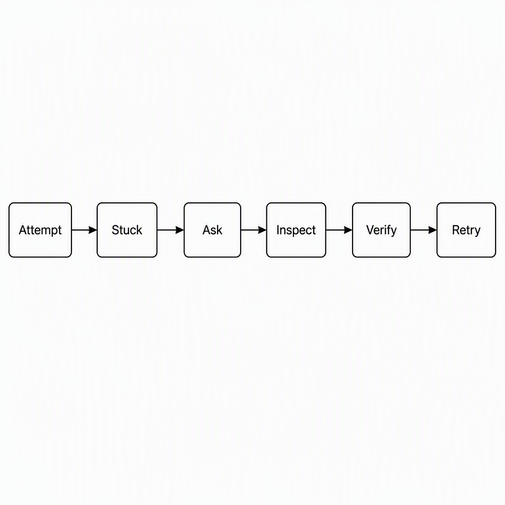 A left-to-right evidence-chain flow with arrow-linked boxes labelled “Attempt,” “Stuck,” “Ask,” “Inspect,” “Verify,” and “Retry”
