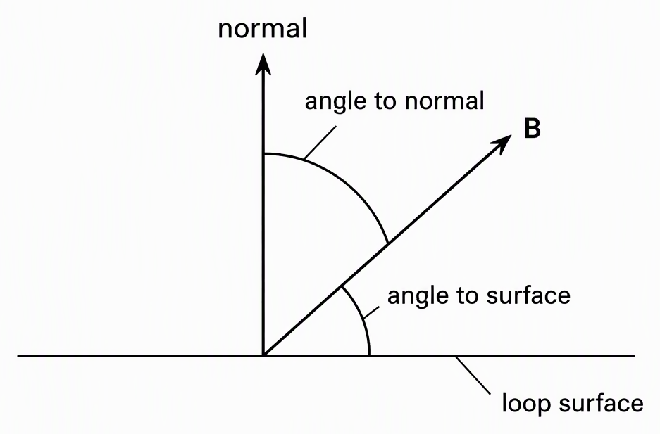 A side view of a flat loop with its surface shown as a horizontal line labelled loop surface, a perpendicular arrow labelled normal, an oblique arrow labelled magnetic field B, and separate arcs labelled angle to normal and angle to surface.