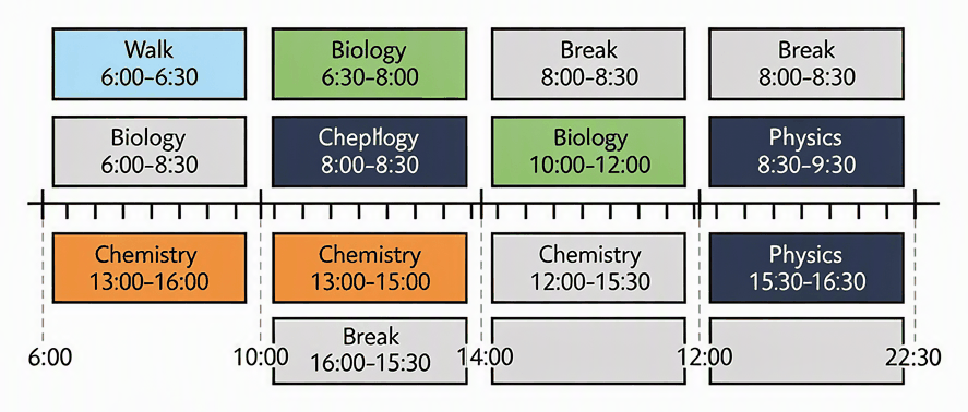 Daily timetable from 6:00 AM to 10:30 PM with colour blocks for Biology (4.5 h total), Physics (2 h), Chemistry (2 h), breaks, 30-minute walks, and evening mistake notebook slot, all labels showing exact start and end times