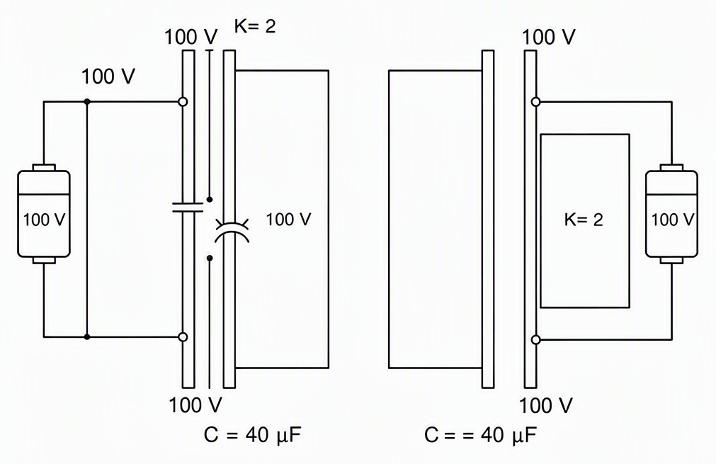 Parallel-plate capacitor with two large rectangular plates connected to a 100 V battery on the left, initial capacitance marked 40 μF, voltage labeled 100 V across plates; then a dielectric slab of K=2 shown inserted to fully occupy the space between the plates with no air gap.
