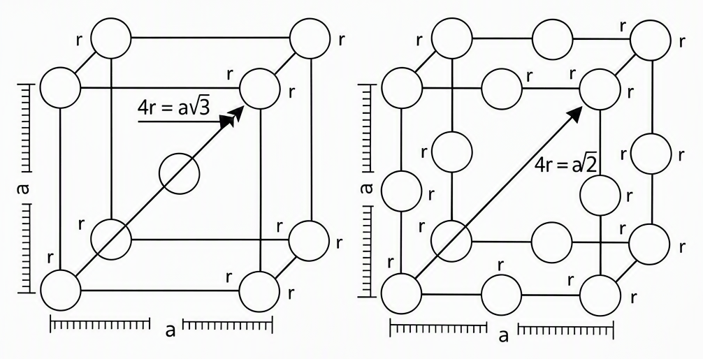 Side-by-side diagrams of BCC and FCC unit cells; BCC shows corner atoms and body-centered atom with body diagonal labeled 4r = a√3, FCC shows corner atoms and face-centered atoms with face diagonal labeled 4r = a√2; every atom radius marked r and edge length marked a.