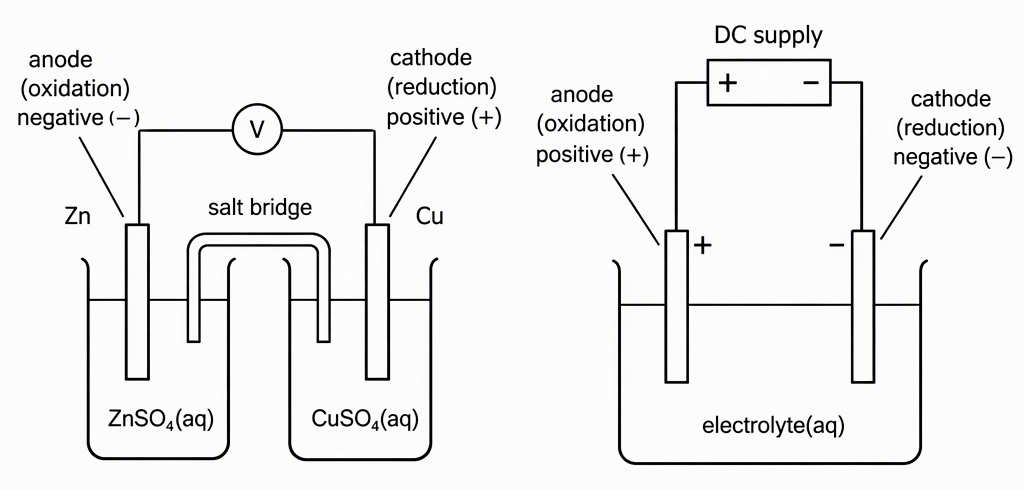 Two panels comparing a galvanic cell with anode labelled oxidation and negative and cathode labelled reduction and positive, and an electrolytic cell with anode labelled oxidation and positive connected to the positive terminal of an external DC supply and cathode labelled