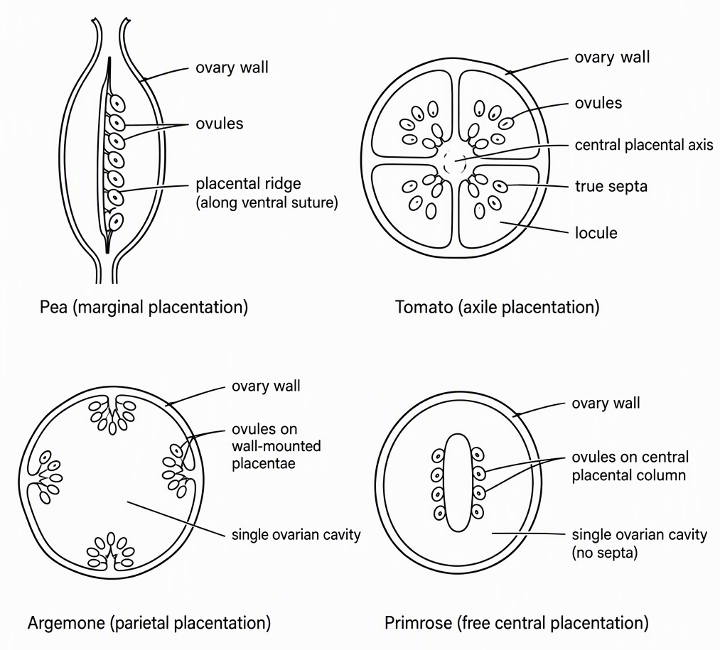 Four labelled schematic ovary panels showing marginal placentation in pea in longitudinal view with ovary wall, ovules and placental ridge along the ventral suture; axile placentation in tomato in transverse view with ovary wall, ovules, central placental axis, true septa and