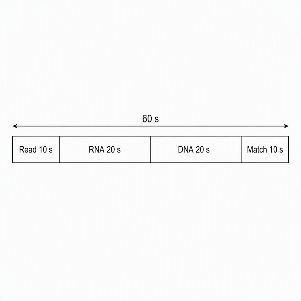 A proportional 60 s horizontal time bar divided into four segments labelled “Read 10 s,” “RNA 20 s,” “DNA 20 s,” and “Match 10 s”