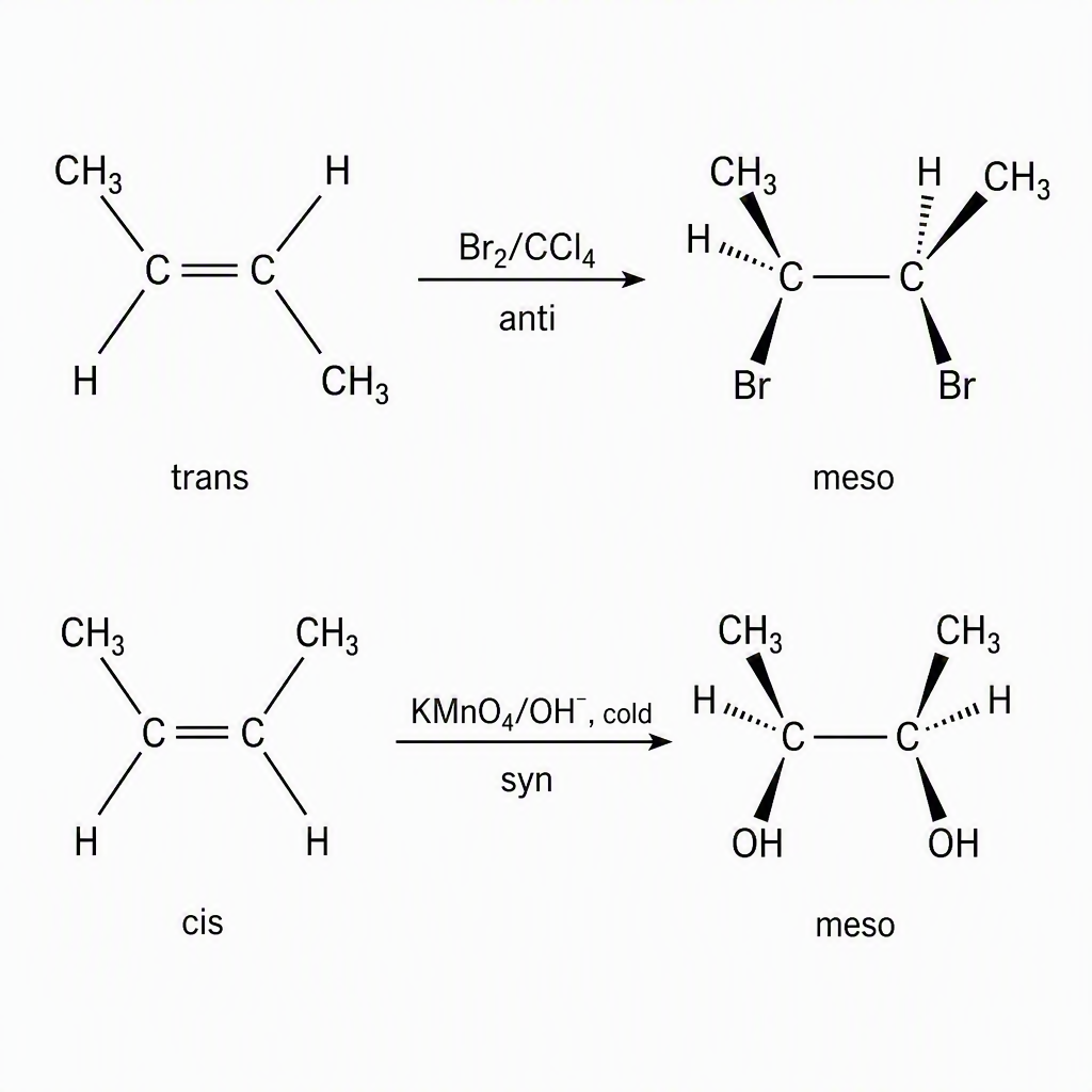A two-row stereochemical reaction scheme with trans-but-2-ene labelled “trans” reacting under “Br₂/CCl₄” and “anti” to form wedge-dash meso-2,3-dibromobutane labelled “meso”, and cis-but-2-ene labelled “cis” reacting under “KMnO₄/OH⁻, cold” and “syn” to form wedge-dash meso-butan