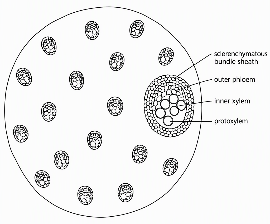 A schematic monocot stem transverse section showing scattered vascular bundles in ground tissue and one enlarged conjoint bundle labelled sclerenchymatous bundle sheath, outer phloem, inner xylem, protoxylem toward the centre and cambium absent.