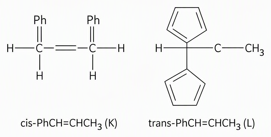Cis-PhCH=CHCH3 (K) with phenyl and methyl on the same side of the double bond and trans-PhCH=CHCH3 (L) with phenyl and methyl on opposite sides, each carbon of the double bond also bearing one hydrogen