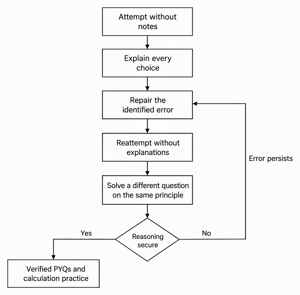 A decision flow with boxes labelled “Attempt without notes”, “Explain every choice”, “Repair the identified error”, “Reattempt without explanations” and “Solve a different question on the same principle”, followed by a branch labelled “Reasoning secure” leading to “Verified PYQs