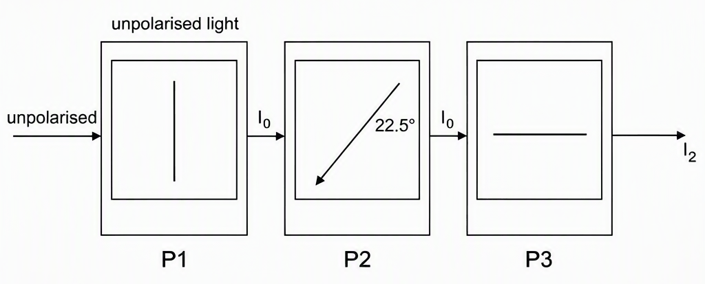Three polaroid sheets in a straight line; first polaroid transmission axis vertical labelled P1, middle sheet axis rotated 22.5° clockwise labelled P2, final analyser axis horizontal labelled P3 so that P1 and P3 are crossed at 90°; incident unpolarised light on left, I₀ after