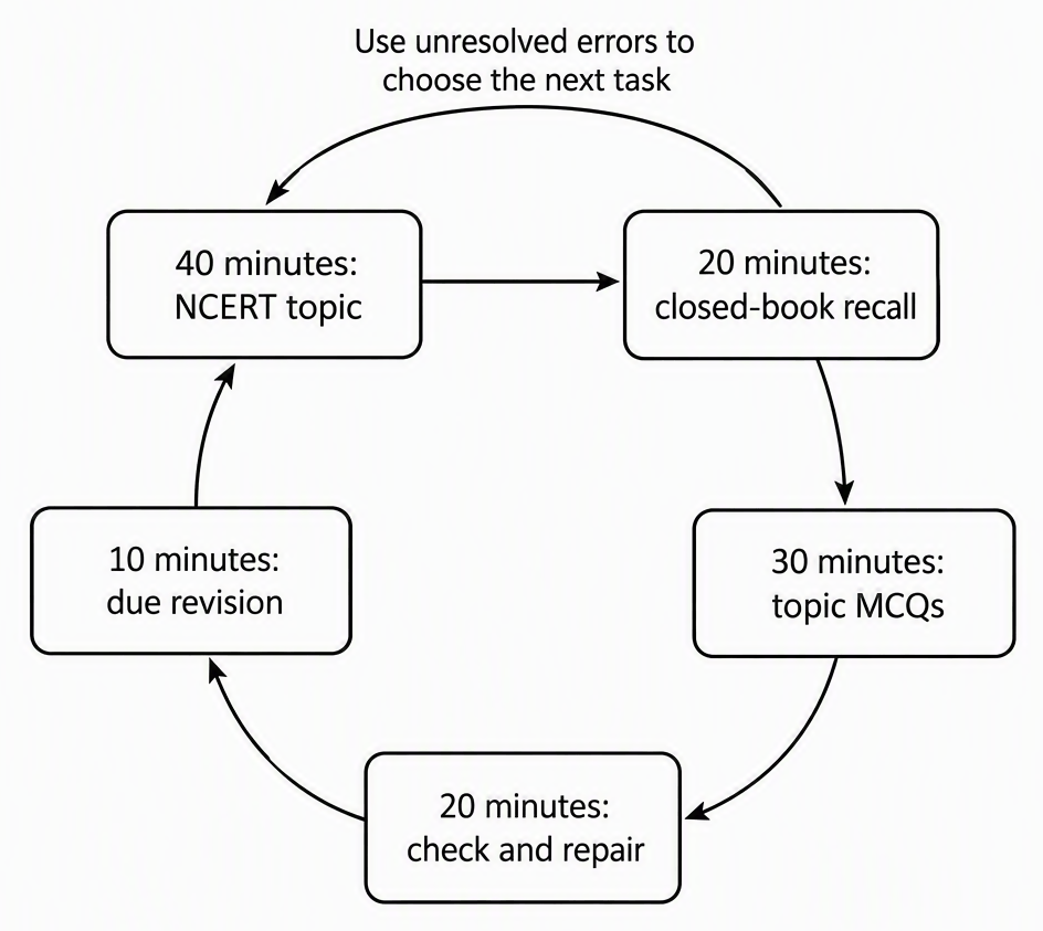 A study loop with arrows connecting boxes labelled “40 minutes: NCERT topic”, “20 minutes: closed-book recall”, “30 minutes: topic MCQs”, “20 minutes: check and repair” and “10 minutes: due revision”, with a return arrow labelled “Use unresolved errors to choose the next task”