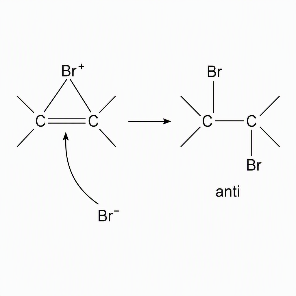 A cyclic bromonium intermediate with two alkene carbons bridged by “Br⁺”, a curved backside-attack arrow from “Br⁻” on the face opposite the bridge, and the resulting vicinal dibromide labelled “anti”