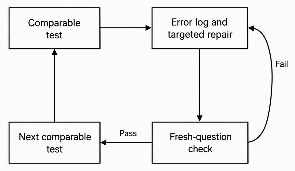 A four-stage loop with arrows connecting boxes labelled Comparable test, Error log and targeted repair, Fresh-question check, and Next comparable test, with a return arrow from a failed fresh-question check to Error log and targeted repair.