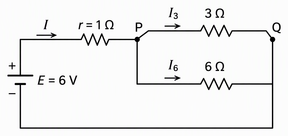 A cell represented by ideal emf E = 6 V in series with internal resistance r = 1 ohm feeding terminals P and Q, with separate 3-ohm and 6-ohm branches between P and Q, total current I leaving the positive source terminal and branch currents I3 and I6 directed from P to Q.
