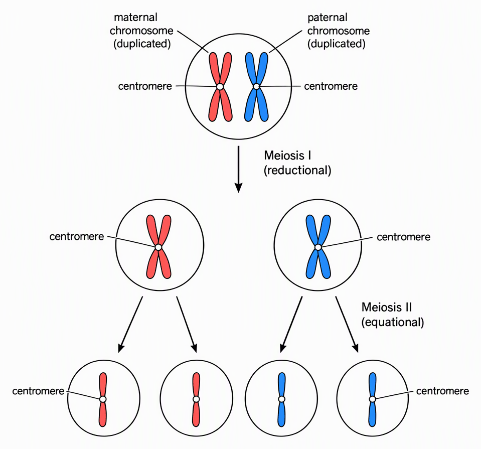 A two-stage meiosis schematic showing a starting cell with one duplicated maternal chromosome and one duplicated paternal homolog, meiosis I separating the homologs into two cells with sister chromatids still joined, and meiosis II separating sister chromatids into four cells