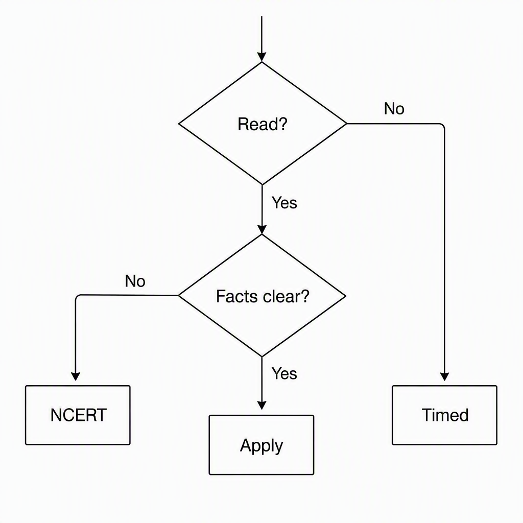 A decision flow with diamonds labelled “Read?” and “Facts clear?”, leading to three boxes labelled “NCERT”, “Apply”, and “Timed”