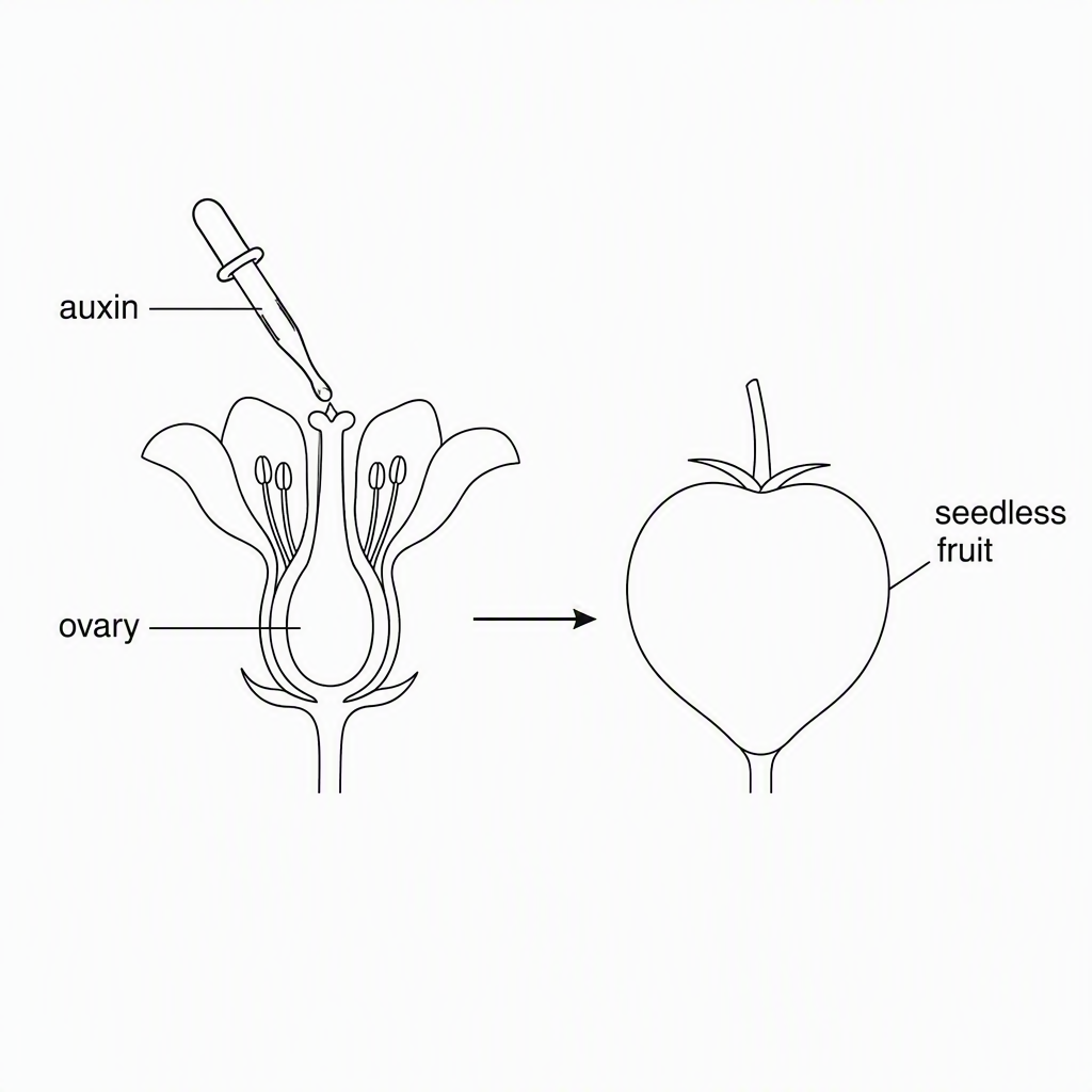 A two-stage botanical sequence with an auxin-treated flower ovary developing into a fruit with no seeds, labelled “auxin”, “ovary”, and “seedless fruit”