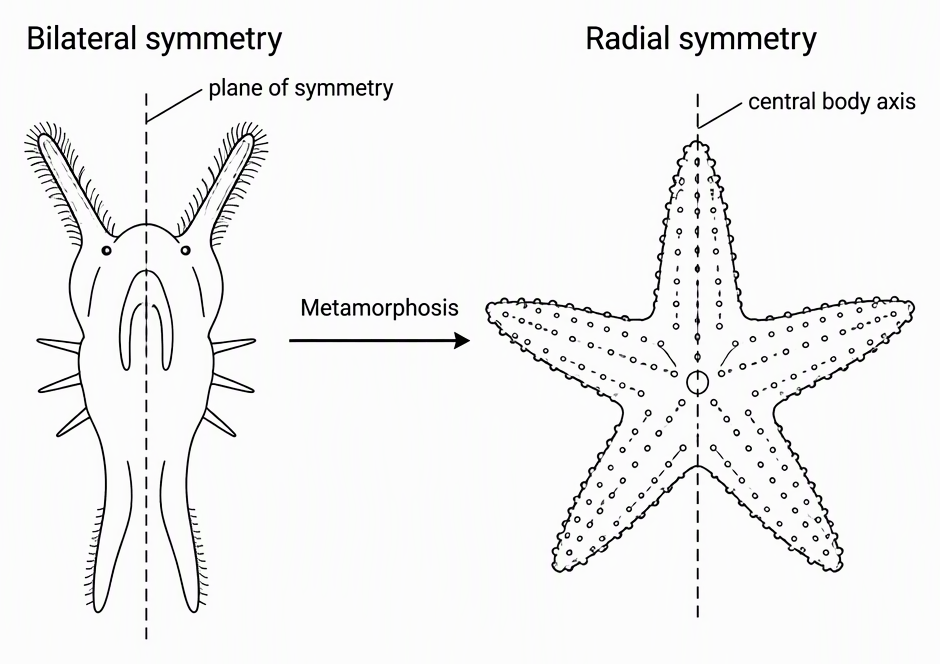 A two-stage biological schematic showing an echinoderm larva labelled “Bilateral symmetry” with one plane separating matching left and right halves, followed by an arrow labelled “Metamorphosis” leading to an adult sea star labelled “Radial symmetry”, with its central body axis