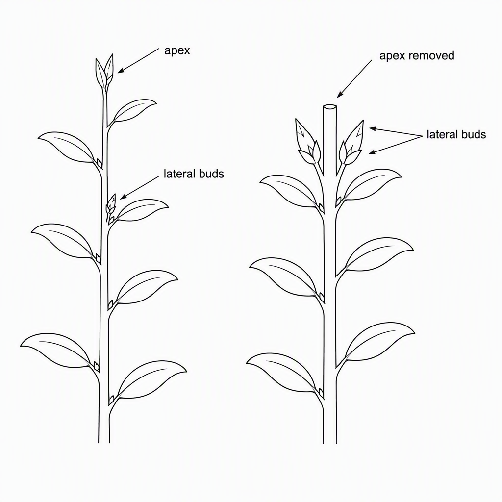 A side-by-side shoot comparison with an intact plant labelled “apex” and small “lateral buds”, and a cut plant labelled “apex removed” with enlarged “lateral buds”