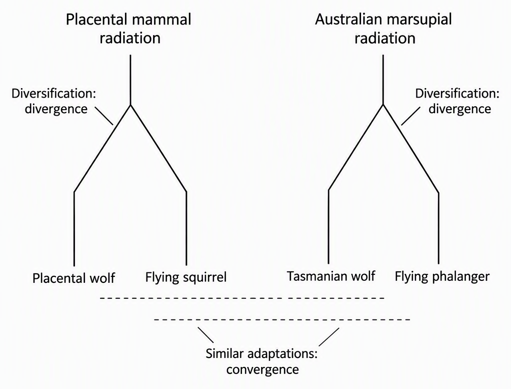 Two branching trees labelled “Placental mammal radiation” and “Australian marsupial radiation”, with branches labelled “Diversification: divergence”, terminal examples labelled “Placental wolf” and “Flying squirrel” on the first tree and “Tasmanian wolf” and “Flying phalanger”