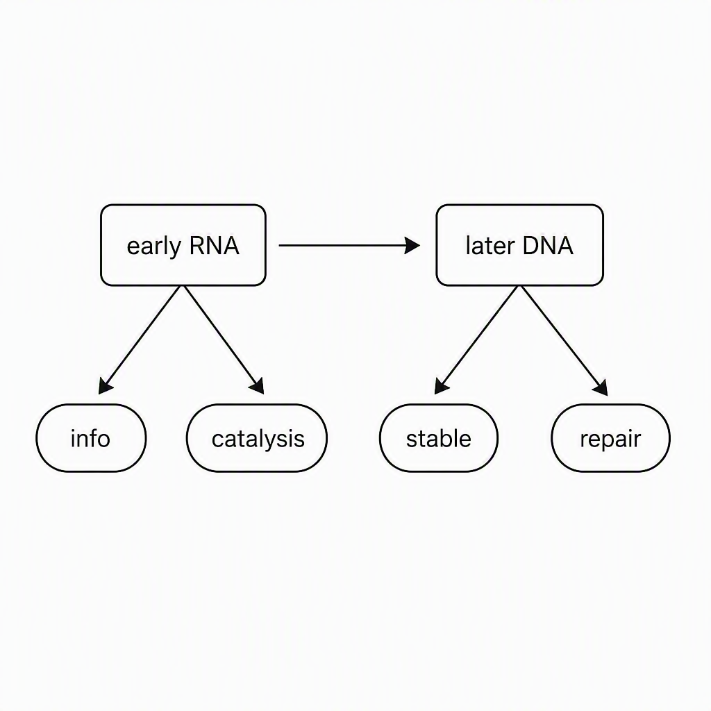 An evolutionary process flow from “early RNA” branching to “info” and “catalysis,” then an arrow to “later DNA” branching to “stable” and “repair”