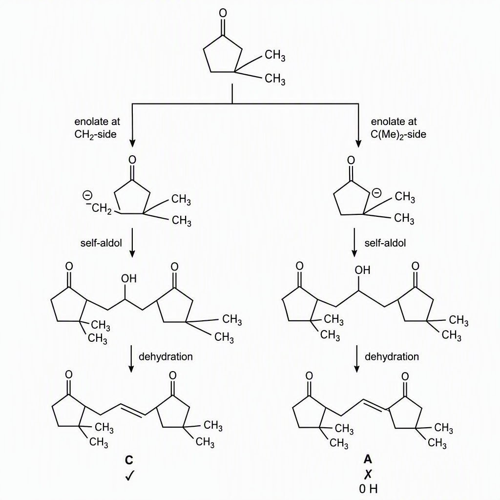 A two-branch self-aldol reaction map from 2,2-dimethylcyclopentanone, with the CH2-side enolate branch leading to dimeric enone C marked ✓ and the C(Me)2-side enolate branch toward exocyclic alkene A crossed out and labelled 0 H