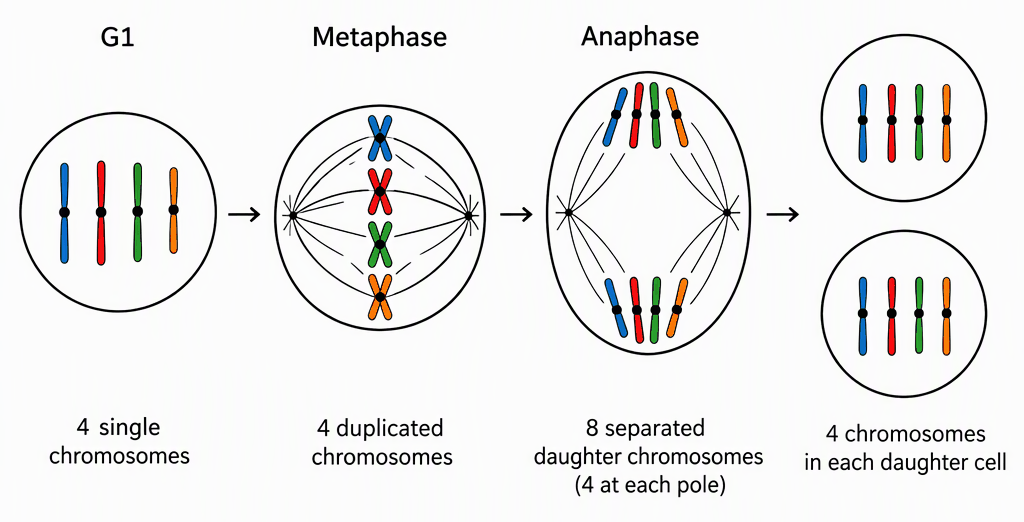 A hypothetical diploid cell tracked through G1, metaphase, mitotic anaphase and two daughter cells, showing centromere dots and respectively four single chromosomes, four duplicated chromosomes, eight separated daughter chromosomes with four at each pole, and four chromosomes in