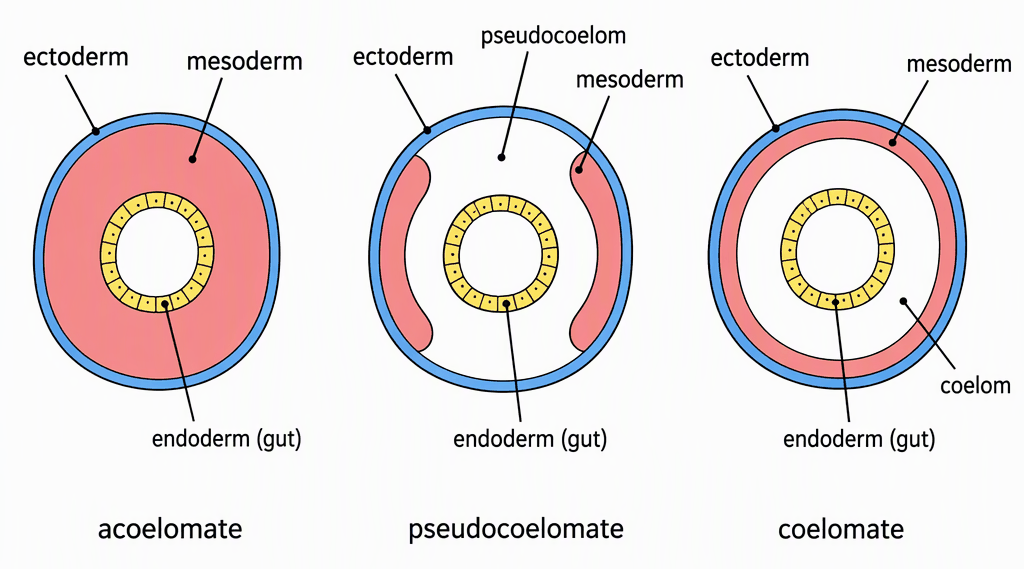 Three schematic animal body cross-sections labelled acoelomate, pseudocoelomate and coelomate, each showing outer ectoderm, mesoderm and an endoderm-lined gut, with no body cavity in the first, a cavity not completely lined by mesoderm in the second and a cavity completely lined
