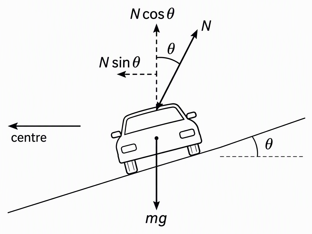 A cross-sectional free-body diagram of a car on a road rising towards the outside of a circular turn, label the road’s angle to the horizontal θ and the inward horizontal direction towards the circle’s centre, and show the normal force N perpendicular to the road at angle θ to