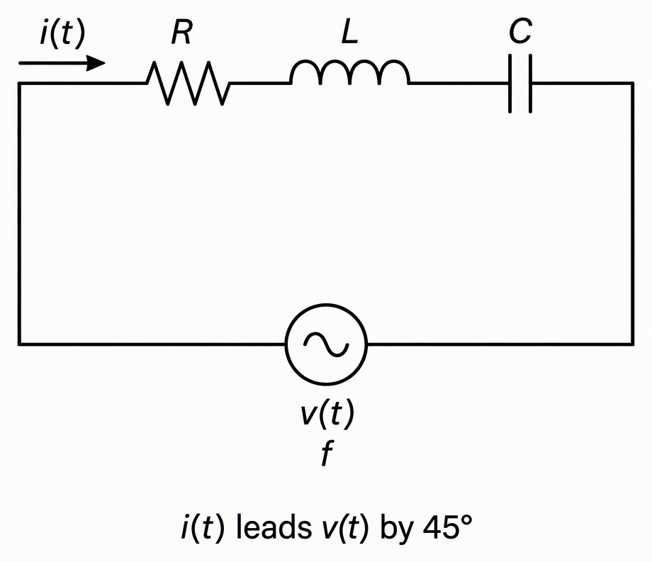 One closed series loop containing a resistor labelled R, an inductor labelled L, a capacitor labelled C and an AC voltage source labelled v(t), frequency f, with a reference current arrow labelled i(t) and a note stating that current leads the source voltage by 45°.