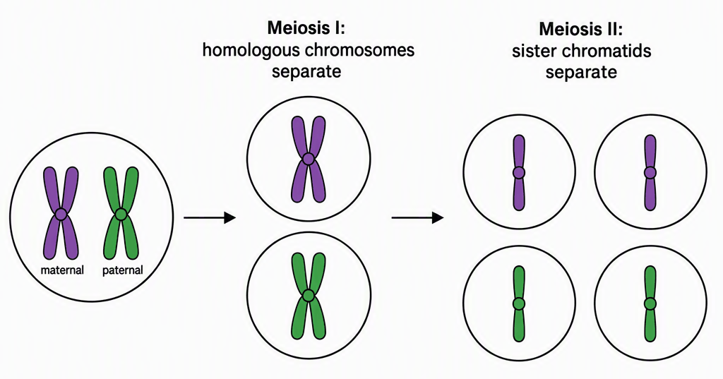 A two-step meiosis sequence starting with one cell containing a replicated maternal chromosome in purple and its replicated paternal homologue in green, showing homologues entering separate cells at “Meiosis I: homologous chromosomes separate” and sister chromatids entering four