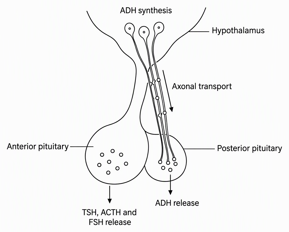 The hypothalamus above the anterior and posterior pituitary, label the hypothalamus “ADH synthesis”, show an axonal transport arrow to the posterior pituitary labelled “ADH release”, and label the anterior pituitary “TSH, ACTH and FSH release”.