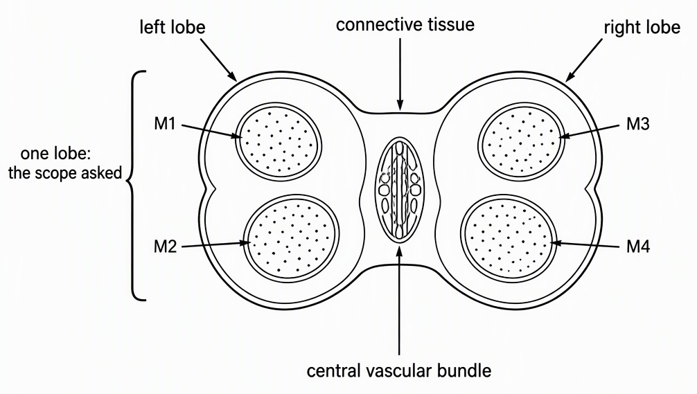 A transverse-section schematic of a typical bilobed angiosperm anther, label the left lobe, right lobe, connective tissue and central vascular bundle, show microsporangia M1 and M2 in the left lobe and M3 and M4 in the right lobe, and bracket the left lobe as ‘one lobe: the