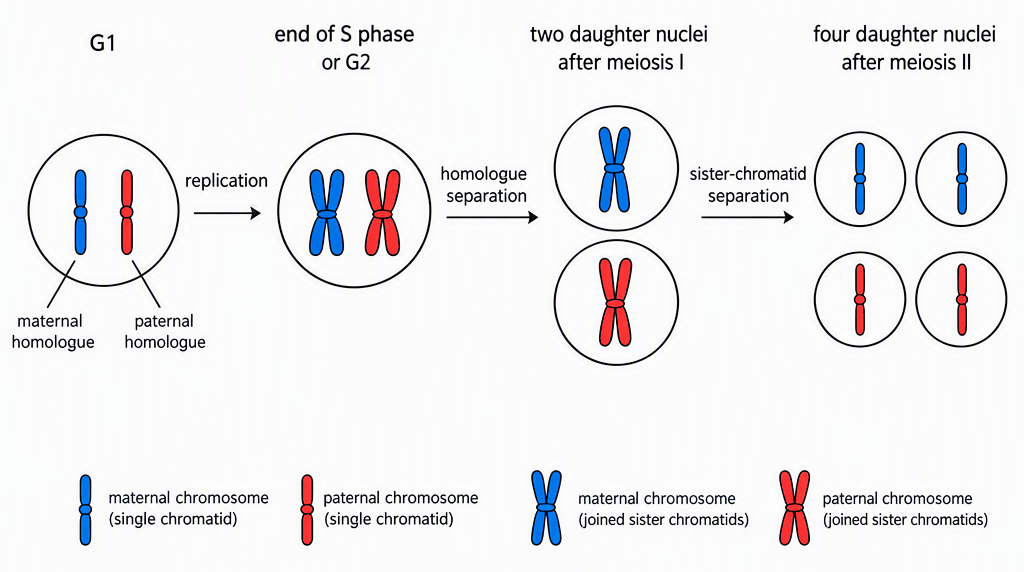 A diploid starting nucleus containing one maternal and one paternal chromosome through stages labelled G1, end of S phase or G2, two daughter nuclei after meiosis I and four daughter nuclei after meiosis II, using consistent colours for homologues, joined sister chromatids after