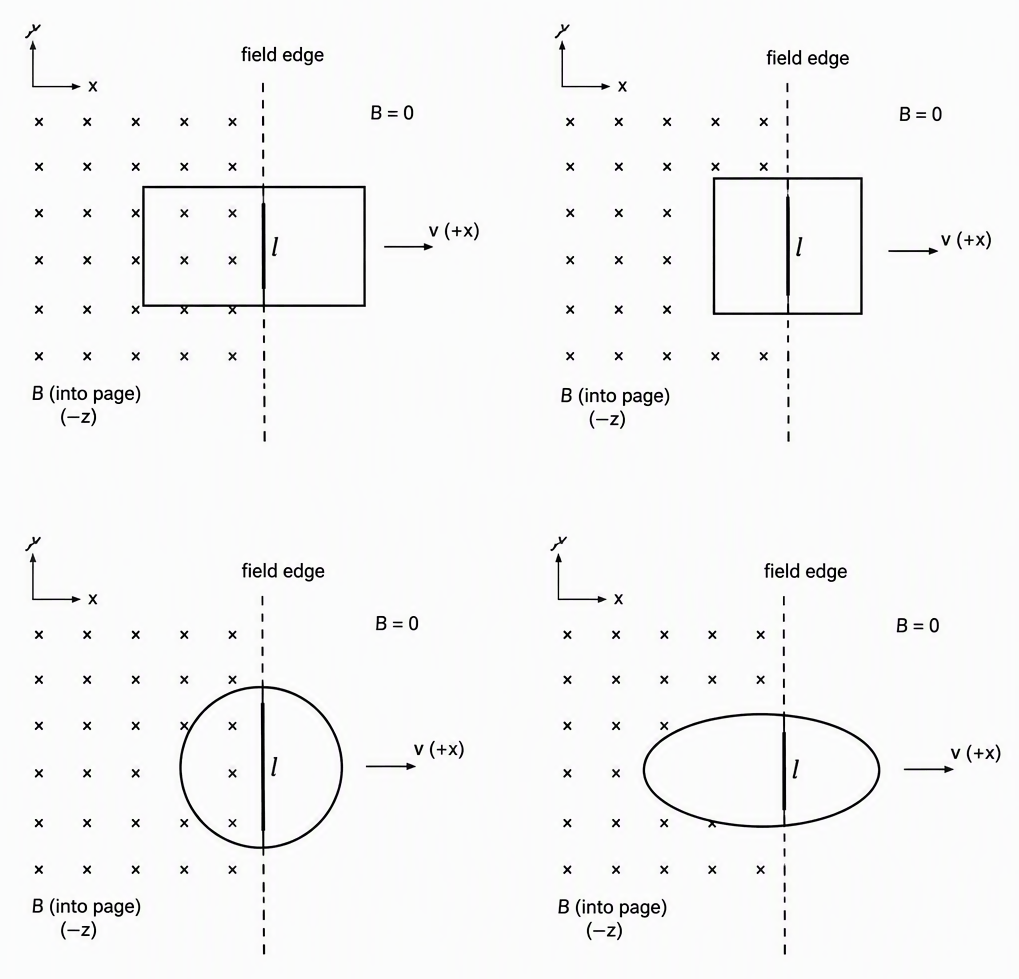 Four separate xy-plane panels showing an axis-aligned rectangle, an axis-aligned square, a circle and an ellipse each partly crossing a vertical boundary labelled field edge, with the left region marked by crosses labelled B into the page (−z), the right region labelled B = 0