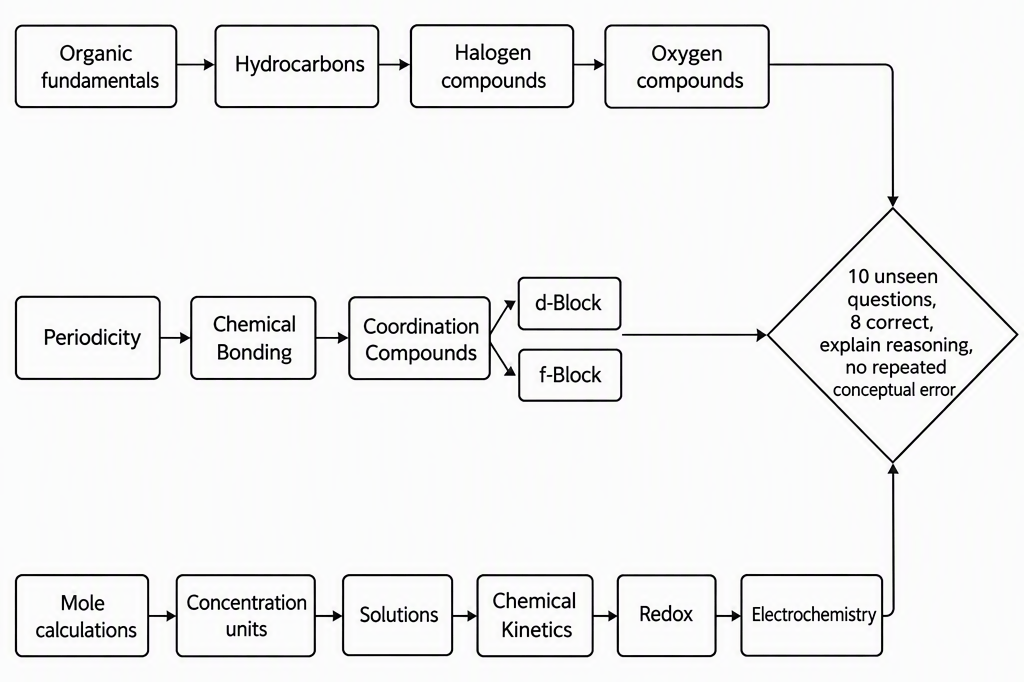 A prerequisite flowchart with three labelled lanes showing Organic fundamentals to Hydrocarbons to Halogen compounds to Oxygen compounds, Periodicity to Chemical Bonding to Coordination Compounds with d- and f-Block alongside, and Mole calculations plus concentration units