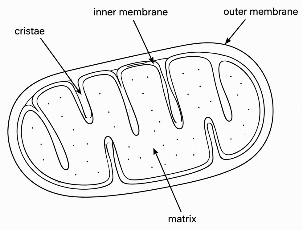 An NCERT-based cutaway mitochondrion with the smooth outer boundary labelled outer membrane, the folded internal boundary labelled inner membrane, one fold labelled cristae and the enclosed internal compartment labelled matrix.