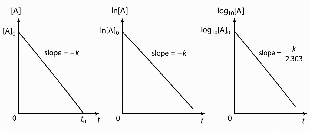 Three adjacent plots showing zero-order concentration against time as a descending straight line ending at depletion, first-order natural log of concentration against time as a descending straight line, and first-order common log of concentration against time as a descending