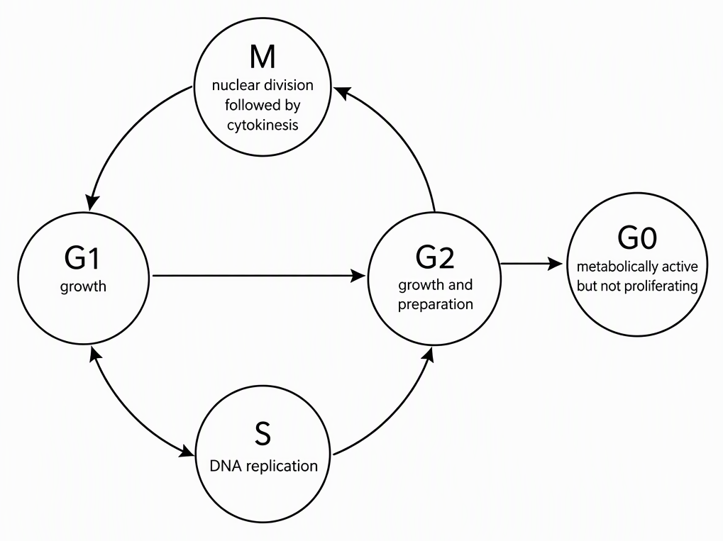 A cell-cycle map showing G1 labelled growth, S labelled DNA replication, G2 labelled growth and preparation, and M labelled nuclear division followed by cytokinesis, with a separate branch from G1 to G0 labelled metabolically active but not proliferating.