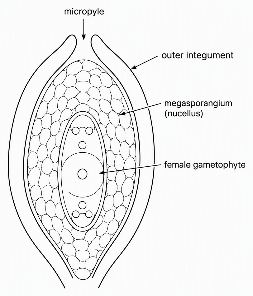 A schematic section of a gymnosperm ovule showing an outer integument with an opening labelled micropyle, inner tissue labelled megasporangium (nucellus), and a female gametophyte within that tissue, with no enclosing ovary wall.