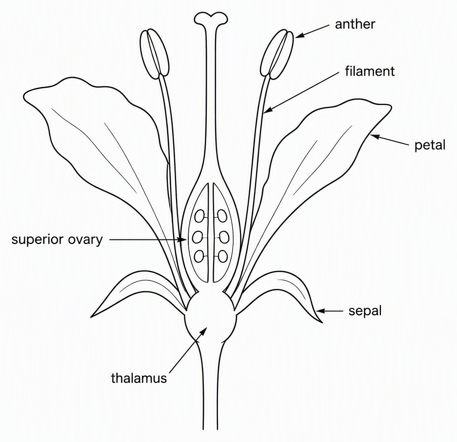 A schematic longitudinal section of a Solanaceae flower with labels for thalamus, superior ovary, sepal, petal, filament and anther, showing sepal and petal attachment below the ovary and a stamen filament attached to a petal.