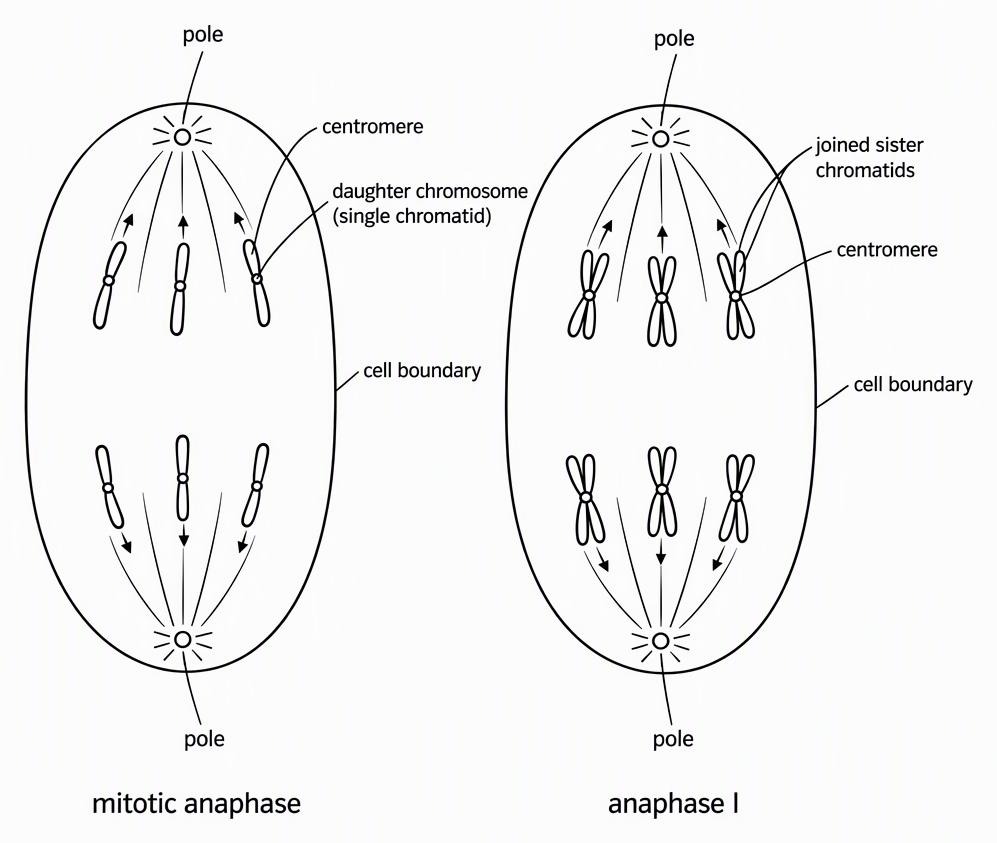 Two undivided cells side by side, mitotic anaphase showing six single-chromatid daughter chromosomes moving towards each pole and anaphase I showing three duplicated chromosomes moving towards each pole, with cell boundaries, poles, centromeres and joined sister chromatids