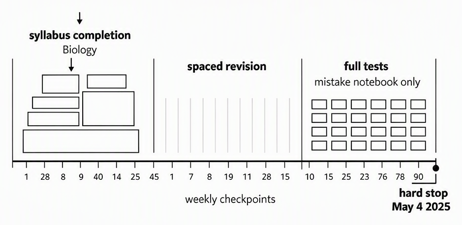 90-day timeline chart with first 45 days labelled syllabus completion (heavy Biology blocks), next 30 days labelled spaced revision with weekly checkpoints, final 15 days labelled full tests and mistake notebook only, marked with adjustment point at day 28 and hard stop at May 4