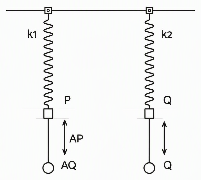 Two vertical springs suspended side by side from a fixed horizontal support, left spring labelled k1 with identical mass P at its lower end displaced downward by amplitude AP from equilibrium, right spring labelled k2 with identical mass Q displaced downward by amplitude AQ from