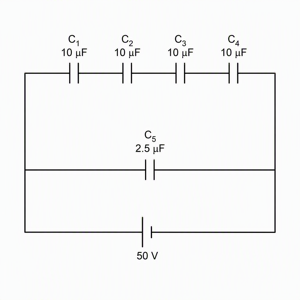 A two-branch capacitor circuit across a battery labelled 50 V, with the upper branch containing four series capacitors labelled C1, C2, C3, C4 and 10 μF each, and the lower branch containing one capacitor labelled C5 and 2.5 μF