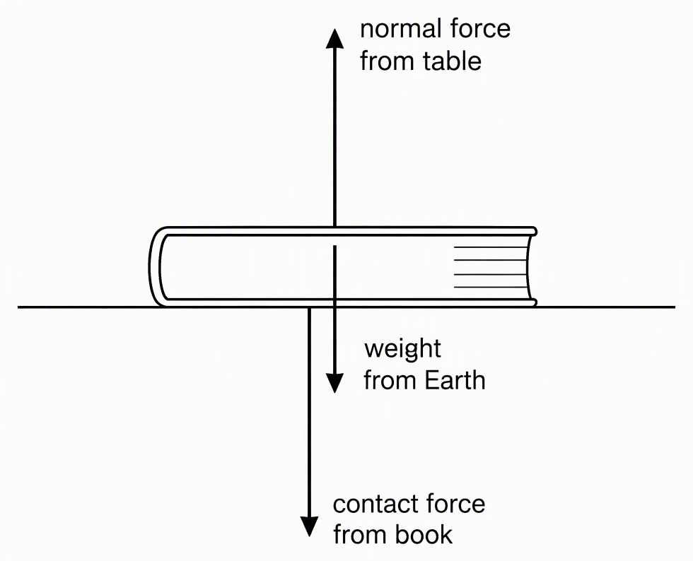 A book resting on a horizontal table, with an upward arrow on the book labelled normal force from table and a downward arrow on the table labelled contact force from book, plus a separate downward arrow on the book labelled weight from Earth.
