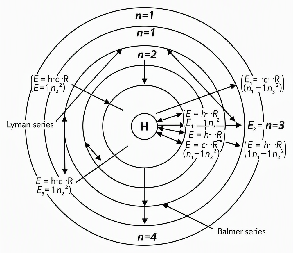 Bohr model of hydrogen atom showing circular orbits for n=1 to n=4, electron transitions with downward arrows labeled for Lyman and Balmer series, and photon energy formula displayed beside each transition