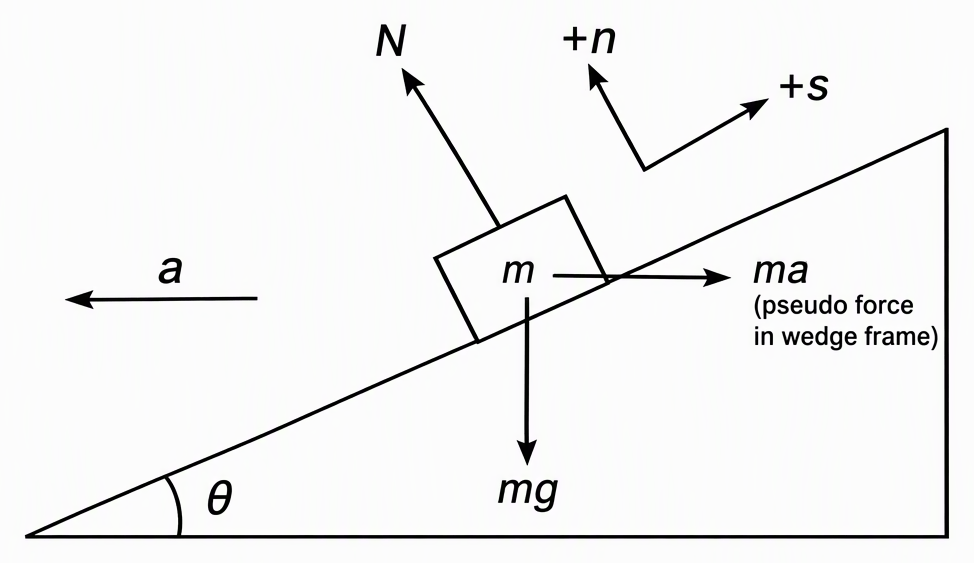 A wedge whose smooth upper surface rises to the right at angle θ to the horizontal, a block labelled m on that surface, the wedge acceleration arrow a pointing left, and block-centred arrows mg vertically downward, N perpendicular to the surface upward-left and ma horizontally